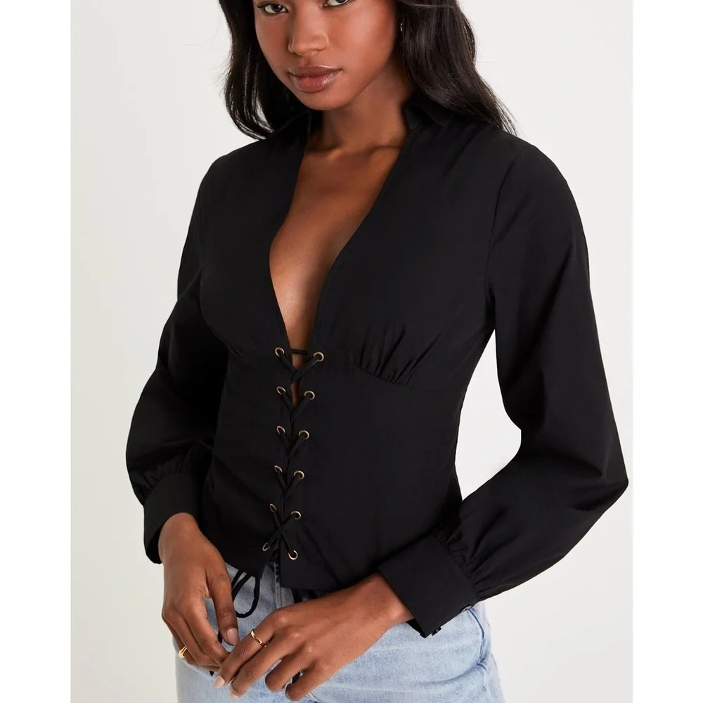 Lulus Sultry Charmer Black Lace-Up Collared Long Sleeve Top Size XS NWT - Picture 1 of 8